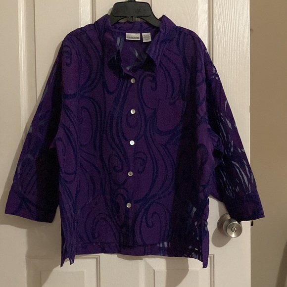 Chico’s size 3=XL purple & black blouse 77% rayon 33% nylon Made in Turkey - Picture 3 of 11